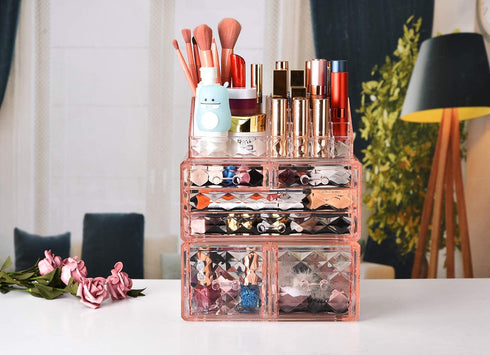 ZHIAI Makeup Organizer Acrylic Cosmetic Storage Drawers and Jewelry Display Box Transparent (Style A(Pink Diamond): 1 Top, 2 Small, 2 Large, 2 Square Drawers)
