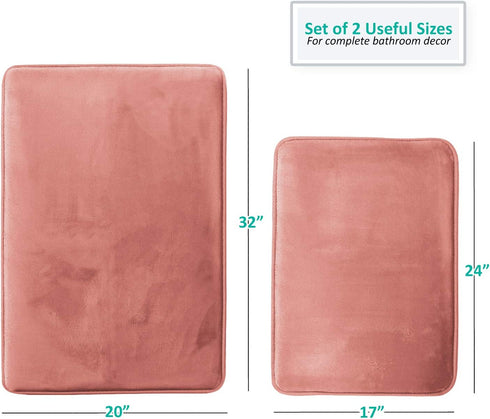 Clara Clark Bathroom Rugs, Ultra Soft Plush Bath Mat for Bathroom, Non-Slip, Velvet Memory Foam Set of 2 Bath Rugs, 17 x 24 / 20 x 32, Solid Misty Rose