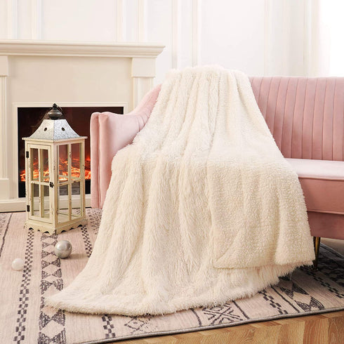Toneed Soft Fluffy Throw Blanket for Girl Room, Plush Faux Fur Wool Blanket, 60'' x 80'' Furry Sherpa Reversible Fleece Blanket for Sofa, Couch, Bed and Home Decor, Creamy