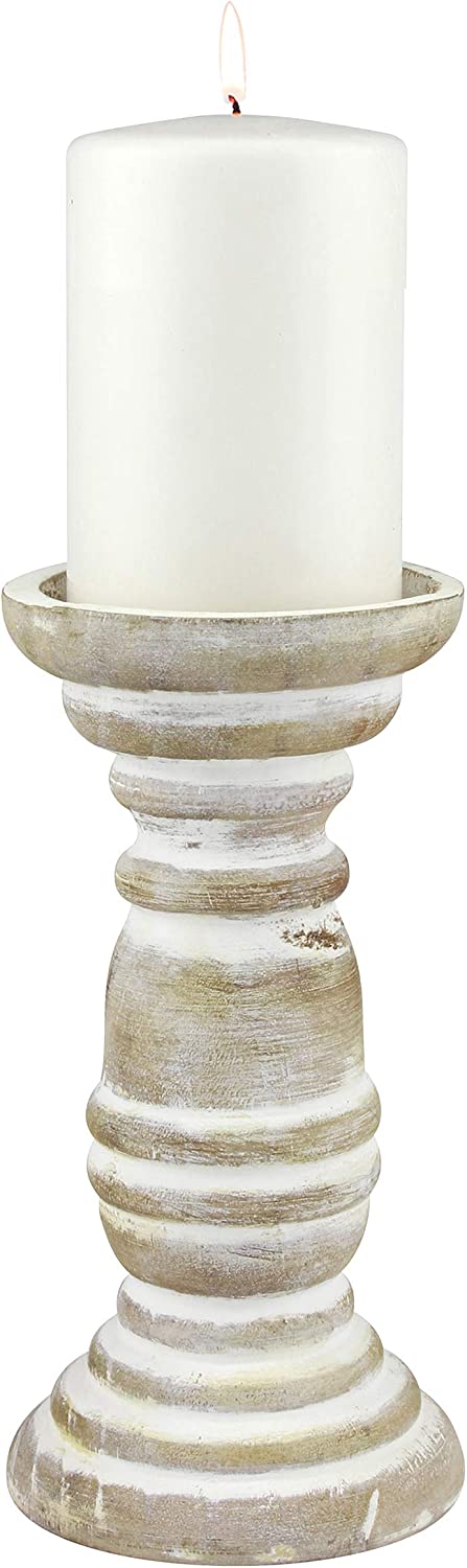 Stonebriar Decorative Worn White Wooden Pillar Candle Holder, Coastal Home Decor, Ocean Inspired Designs for Wedding Decorations, Parties, or Everyday Home, Large