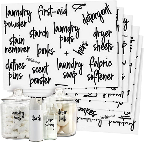 Talented Kitchen 141 Laundry Room Labels for Jars and Containers, Preprinted Black Script Stickers for Linen Closet, Bathroom Organization, Cleaning Supplies (Water Resistant)