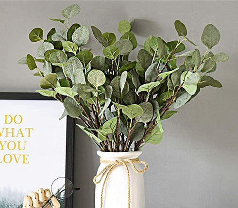 Artificial Eucalyptus Stems Leaves 6 Pcs Straight Silver Dollar Eucalyptus Leaf Silk Greenery Bushes Plastic Plants Floral Faux Greenery Stems for Party Wedding Home Decor(Grey Green)
