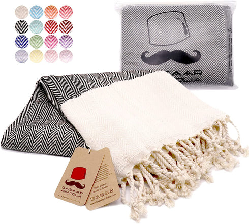 Bazaar Anatolia Herringbone Turkish Towel 100% Cotton Peshtemal Bath Towel 77x38 Thin Lightweight Travel Camping Bath Sauna Beach Gym Pool Blanket Fouta Quick Dry Towels (Black)