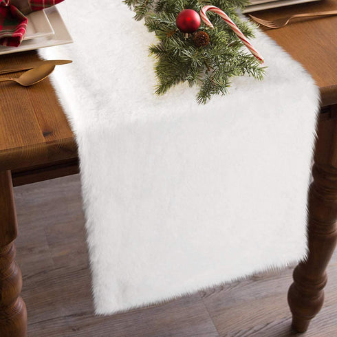 yuboo White Furry Table Runner, 15 x 72 Faux Fluffy Fur Fabric for Christmas/Holiday/Party Decoration, Bed/Dresser Top/Dinning Table/Shelf Decorations