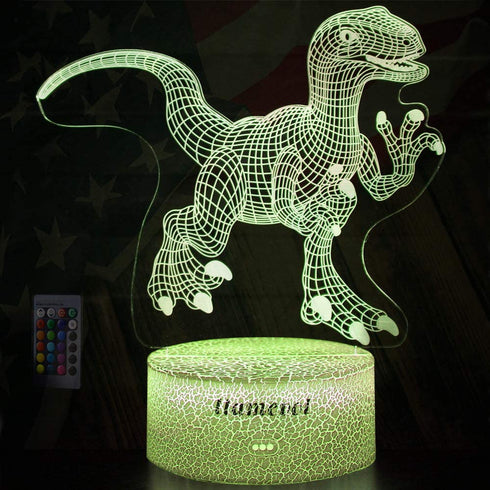 Dinosaur Night Lights for Kids Christmas Gift for Boys Birthday Dino Toy Raptor 3D Illusion Lamp Remote Control 16 Color Change