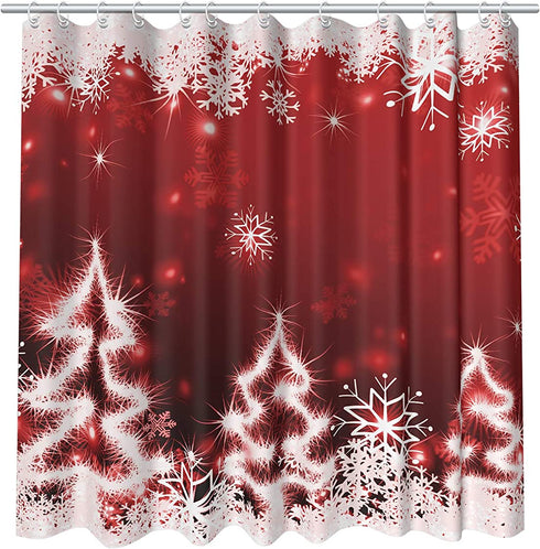 Red Christmas Shower Curtain White Xmas Snowflake Glitter Sparkle Tree Bath Curtain Merry Christmas Eve Home Bathroom Decor Waterproof Fabric Curtains 72x72 inch