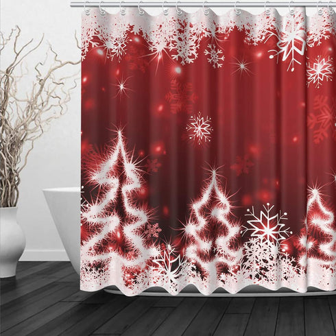 Red Christmas Shower Curtain White Xmas Snowflake Glitter Sparkle Tree Bath Curtain Merry Christmas Eve Home Bathroom Decor Waterproof Fabric Curtains 72x72 inch
