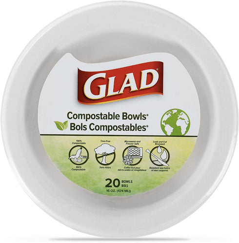 Glad Compostable Paper Bowls | 16 oz Disposable Soup Bowls, 20 Count | Sugarcane Disposable Bowls, Microwavable and Freezer Safe, Leak Resistant Compostable Eco-Friendly Paper Bowls | Glad Paper Bowls
