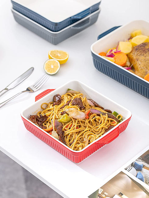 Kanwone Porcelain Bakeware, Square Baking Dishes, Casserole Dish with Double Handle, Lasagna Pan for Cooking, Kitchen, Cake Dinner, 8 x 8 Inches, Stripe Series - Red