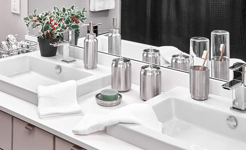 iDesign Austin Metal Covered Holder Stand, Holds Regular and Electric Toothbrushes in Master, Guest, Kid's, College Dorm Bathroom, Brushed