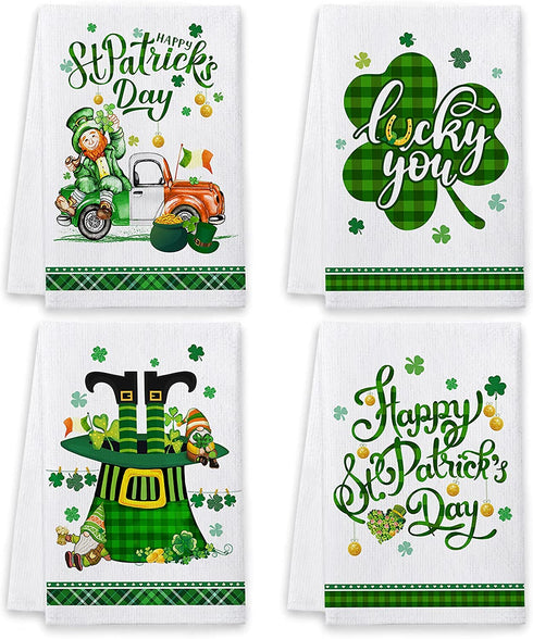 St Patricks Day Kitchen Towels and Dishcloths Set of 4, Happy St. Patrick's Day Dish Towels, Leprechaun Gnomes Irish Green Truck Hat Shamrocks Tea Hand Towels Housewarming Gifts for Home Decorations