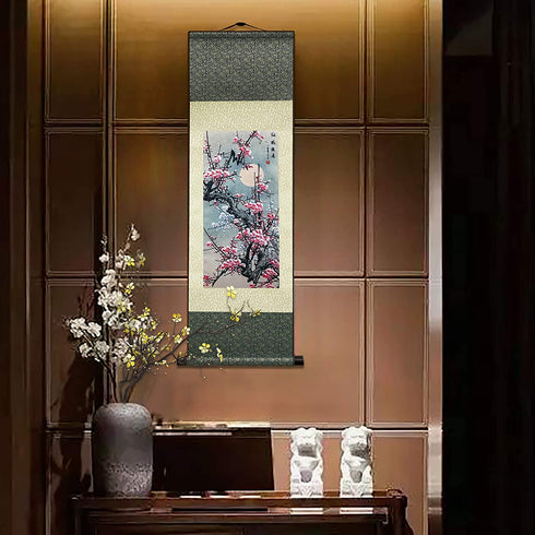 AtfArt Asian Wall Decor Beautiful Silk Scroll Painting Flowers - Plum - Red Plum Primula Primula Rubra Oriental Decor Chinese Art Wall Scroll Wall Hanging Painting Scroll (39 x 12 in)