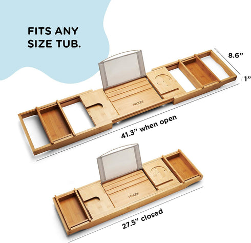 PEULEX Bathtub Tray- Bath Caddy Comes With Book, Soap Dish & Wine Glass Holder, Expandable Hot Tub Tray Designed With Premium Bamboo, For Luxurious Bathing, Great For Bath Lovers & Gift For Loved Ones