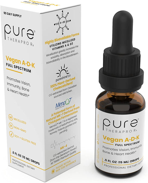 Vegan A-D-K “Full Spectrum" Drops for Best Absorption | 5 Drops Contain: 1,507 mcg Micellized A; 5,000 iu D3 "pureshine"; 500mcg vit K2 (MK4) & 180mcg vit K2 (MK7) "MenaQ7" | Tasteless & Odorless