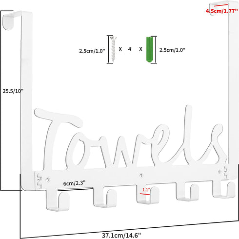 Bath Over The Door Towel Rack 5 Hooks Towel Holder Wall Hooks for Robe, Towel, Coat, Bag- White