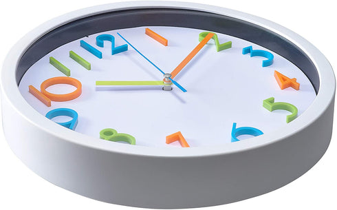 Bernhard Products Colorful Kids Wall Clock 10 Inch Silent Non Ticking Quality Quartz Battery Operated Wall Clocks, Easy to Read 3D Multi Colored Numbers Nursery Classroom Office Kitchen, White Frame