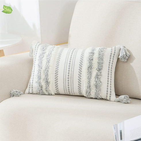 decorUhome Boho Lumbar Decorative Throw Pillow Cover for Bed Bedroom Neutral Accent Cushion Cover Tufted Woven Pillow Case, 12x20, Grey and White