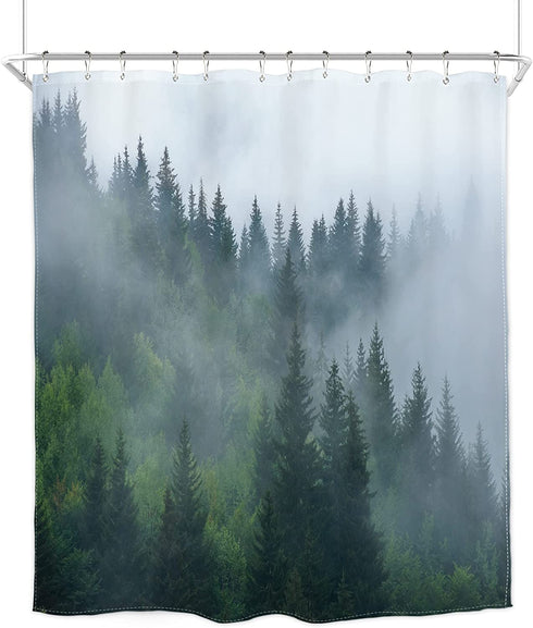 Homewelle Forest Shower Curtain Men 60Wx72H Foggy Mountain Pine Tree Woodsy Cloudy Masculine Landscape Green Nature Rustic Scenic Woodland Misty Rainforest Waterproof Polyester Fabric Bathroom Bathtub