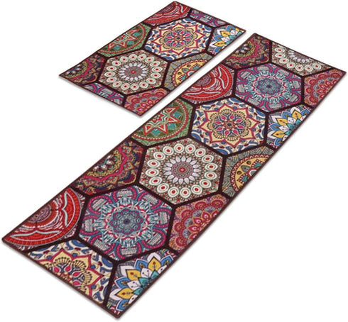 Carvapet 2 Pieces Non-Slip Kitchen Rug Mat Runner Set Doormat Vintage Design Boho Style, Hexagon (15"x47"+15"x23")
