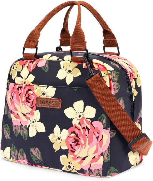 LOKASS Lunch Bag for women Insulated Lunch Tote Fashionable Cooler Bag Thermal Lunch Box with Detachable Shoulder Strap for Work/Picnic/Beach(Peony)