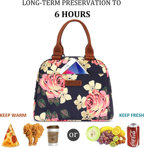 LOKASS Lunch Bag for women Insulated Lunch Tote Fashionable Cooler Bag Thermal Lunch Box with Detachable Shoulder Strap for Work/Picnic/Beach(Peony)