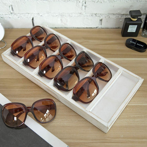 MyGift Whitewashed Wood Sunglasses Holder Storage Box with 6 Compartments, Retail Eyewear Display Tray