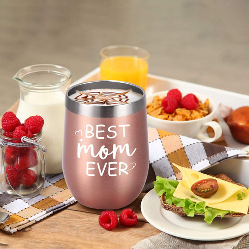 Gingprous Best Mom Ever Wine Tumbler with Lid and Straw, Mother's Day Birthday Gifts for Mom Mommy Mother, Stainless Steel Insulated Mom Wine Tumbler with Saying for Women (12 Oz, Rose Gold)
