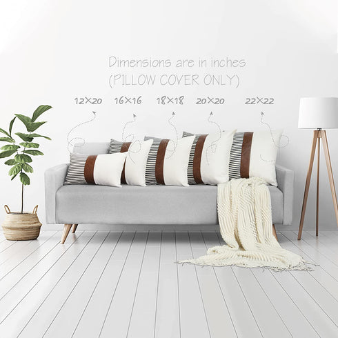 cygnus 16x16 inch Pillow Covers Set of 2 Farmhouse Decor Stripe Patchwork Linen Throw Pillow Covers Modern Faux Leather Cushion Covers for Couch Sofa,Black