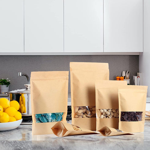 100 Pcs Kraft Paper Bags with Window, 4.7" x 7.9" Stand Up Pouches Bags, Zip Lock Food Storage Bags for Packaging Products, Reusable, Sealable