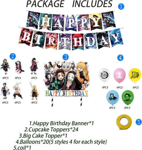 Danghe Japanese Anime Birthday Party Decorations 46 Pcs Manga Favors Japanese Anime Party Supplies with 1 Birthday Banner, 1 Cake Topper, 24 Cupcake Toppers, 20 Balloons