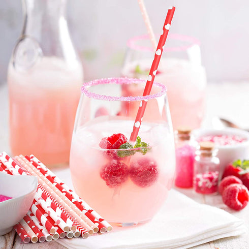 FEPITO 200Pcs Red and Pink Paper Straws Valentines Paper Straws Hearts Paper Straw Stripe Drinking Straws for Valentine's Day, Birthday Party, Wedding, Christmas Party Supplies