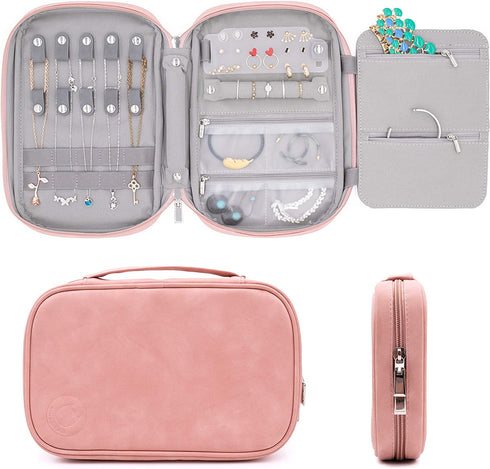 storageLAB Travel Jewelry Organizer, Faux Suede Clutch Bag for Necklaces, Earrings, Rings and Bracelets (Pink)