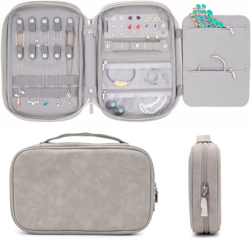 storageLAB Travel Jewelry Organizer, Faux Suede Clutch Bag for Necklaces, Earrings, Rings and Bracelets (Grey)
