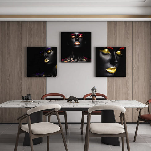 bocassis 3 Sets American Print Wall Art Décor Black Gold Painted Woman Golden Lips Picture Canvas Wall Mural Bedroom or Room for Home Decor Framed Ready to Hang (A, 12X12Inchx3Pcs)