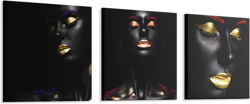 bocassis 3 Sets American Print Wall Art Décor Black Gold Painted Woman Golden Lips Picture Canvas Wall Mural Bedroom or Room for Home Decor Framed Ready to Hang (A, 12X12Inchx3Pcs)