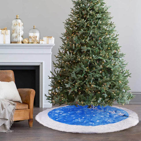 yuboo Blue Christmas Tree Skirt,36 inch Fur Tree Skirt with White Snowflakes for Xmas Party and Holiday Decorations