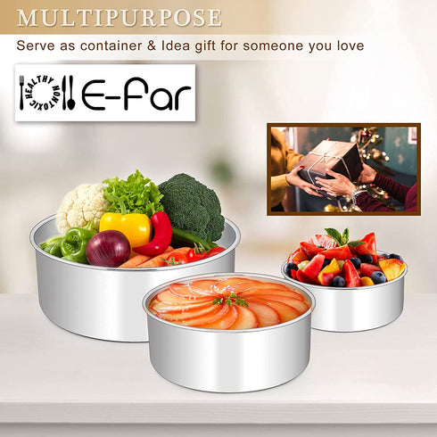 Deep Cake Pan Set of 3 (6 inch/8 inch/9½ inch), E-far Stainless Steel Round Layer Cake Baking Pans, Metal Tier Cake Tins for Wedding Birthday, Leak Proof & Straight Side, Non-toxic & Dishwasher Safe