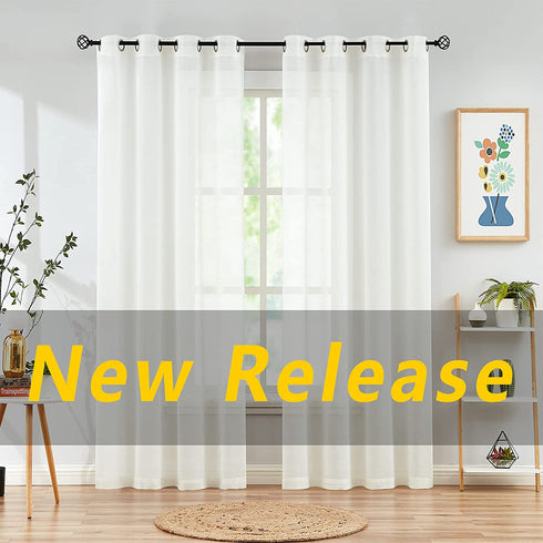 FMFUNCTEX Sheer Curtain Panels for Bedroom 96inch Long Cream White Semi Sheer Window Draperies for Living Room Linen Weave Vertical Drapes 55" W X 1 Pair