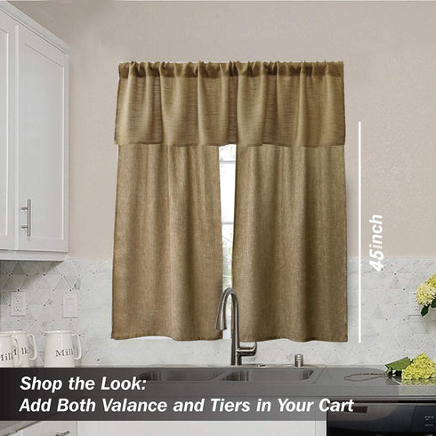Valea Home Soft Burlap Short Curtains Rustic Natural Tan Rod Pocket Curtain Panels for Small Window 45 inch Length Cafe Kitchen Curtains, 2 Panels