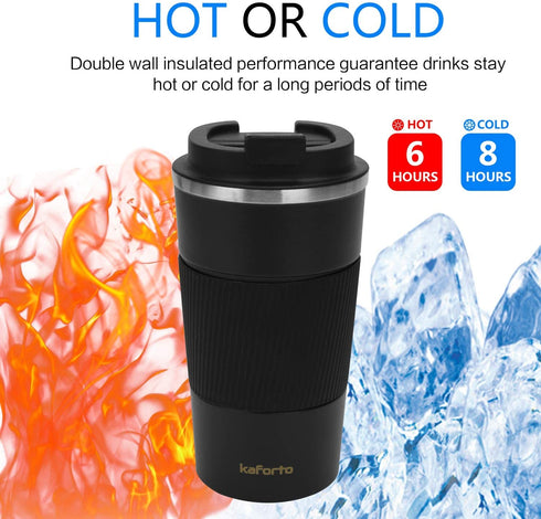 16oz Insulated Coffee Travel Mug Stainless Steel Vacuum Coffee Cup Leakproof with Screw Lid Double Wall Coffee Tumbler Reusable Thermal Cup for Hot/Iced Beverage - 510ml, Black