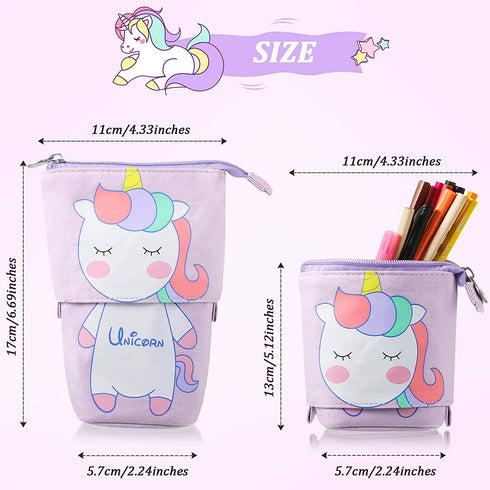 3 Pieces Telescopic Stand Up Pencil Case Box Transformer Stand Store Pencil Holder Cute Cartoon Standing Pen Pouch Dual-Use Canvas Storage Stationery Bags for Teen Girls Boys (Cat, Bear, Unicorn)