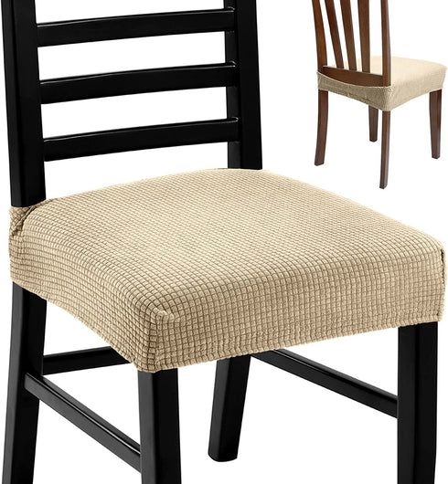 4 Pieces Chair Seat Covers Chair Slipcovers Dining Chair Covers Elastic Seat Protector Soft Stretch Slipcovers Removable Chair Protector Cover for Kitchen Dining Room Wedding (Beige)