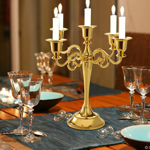 YOUEON Gold 5 Arms Candelabra, 10.4 Inch Metal Tall Candelabra Candle Holder Candlestick Holder for 1 Inch Diameter Pillar Candles, Taper Candle Holder, Candelabra Decoration, Wedding