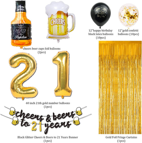21st Birthday Decorations for Him Her, 21 Years Birthday Decorations with 40 Inch Gold Number Balloons, Banner, 21 Sign Latex Balloon, Fringe Curtains and Cups Foil Balloons