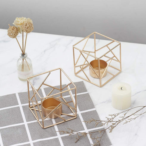 Lovcoala Set of 2 Gold Metal Geometric Tea Light Candle Holder for Tables Decor Living Romm Bathroom Decorations, Tealight Candle Holder for Wedding, Home Decoration, Events and Party