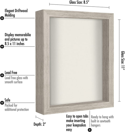 Americanflat 8.5x11 Shadow Box Frame in Drift wood with Soft Linen Back - Composite Wood with Polished Glass for Wall and Tabletop