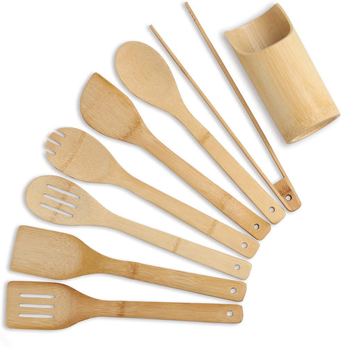 Wooden Spoons for Cooking Organic Bamboo Kitchen Utensils Set 8 Pcs Housewarming Gift New Apartment Essentials Slotted Serving Spoons Spatula Tong Tools for Nonstick Cookware with Holder