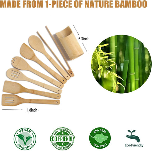 Wooden Spoons for Cooking Organic Bamboo Kitchen Utensils Set 8 Pcs Housewarming Gift New Apartment Essentials Slotted Serving Spoons Spatula Tong Tools for Nonstick Cookware with Holder