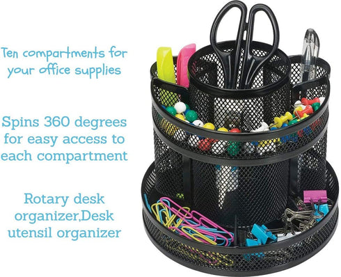 1InTheOffice 10-Compartment Rotating Desk Organizer, Scissor Rack (Mesh)