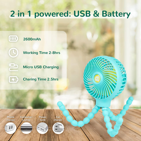 Snawowo Mini Baby Stroller Fan, Handheld Personal Portable Clip On Fan with Flexible Tripod for Stroller Peloton Bike Desk Treadmill Crib Car Seat Outdoor Camping, USB or Battery Powered (LightBlue)
